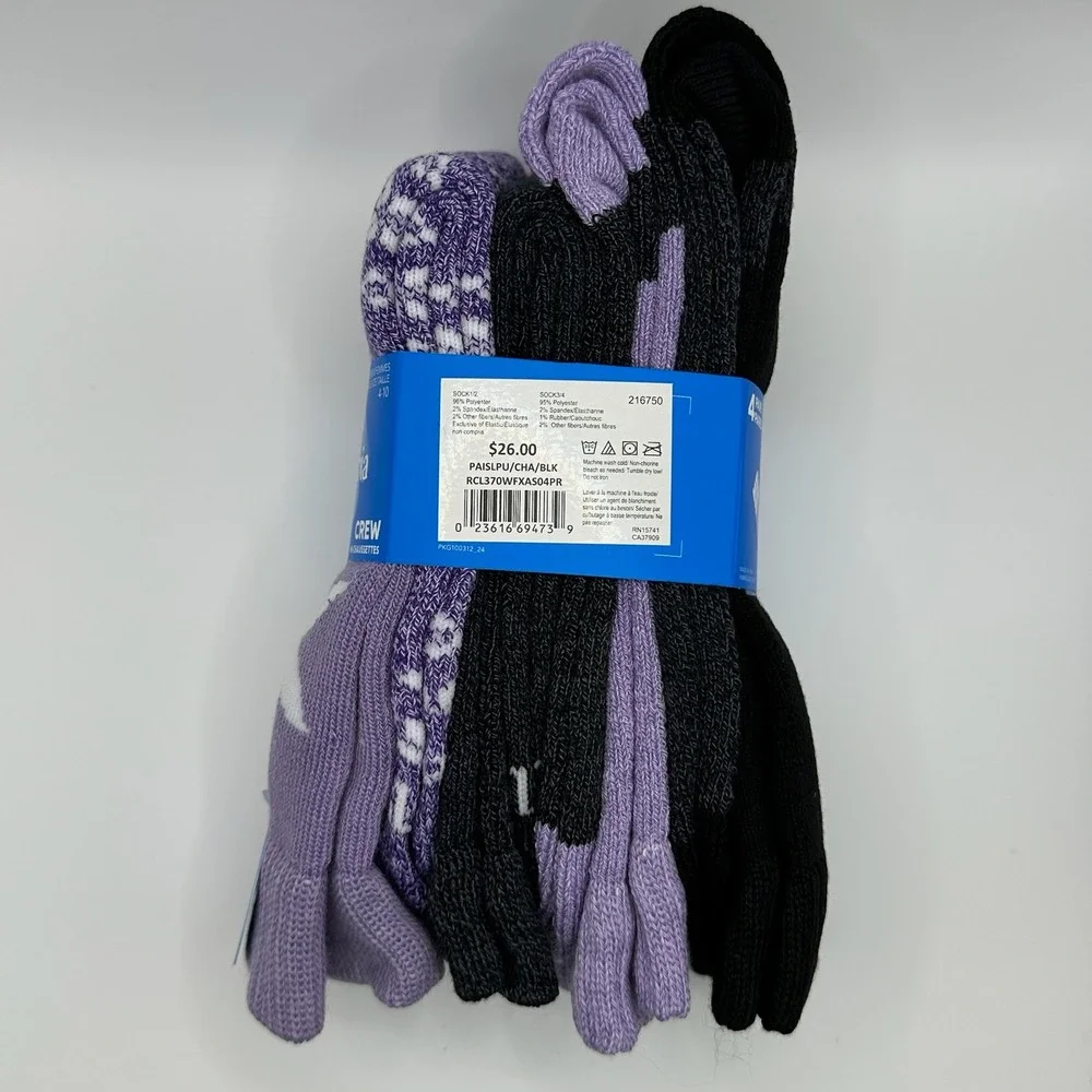 Columbia Crew Socks Women 4-10 Purple Black 4-Pack NWT Snowflake Reinforced